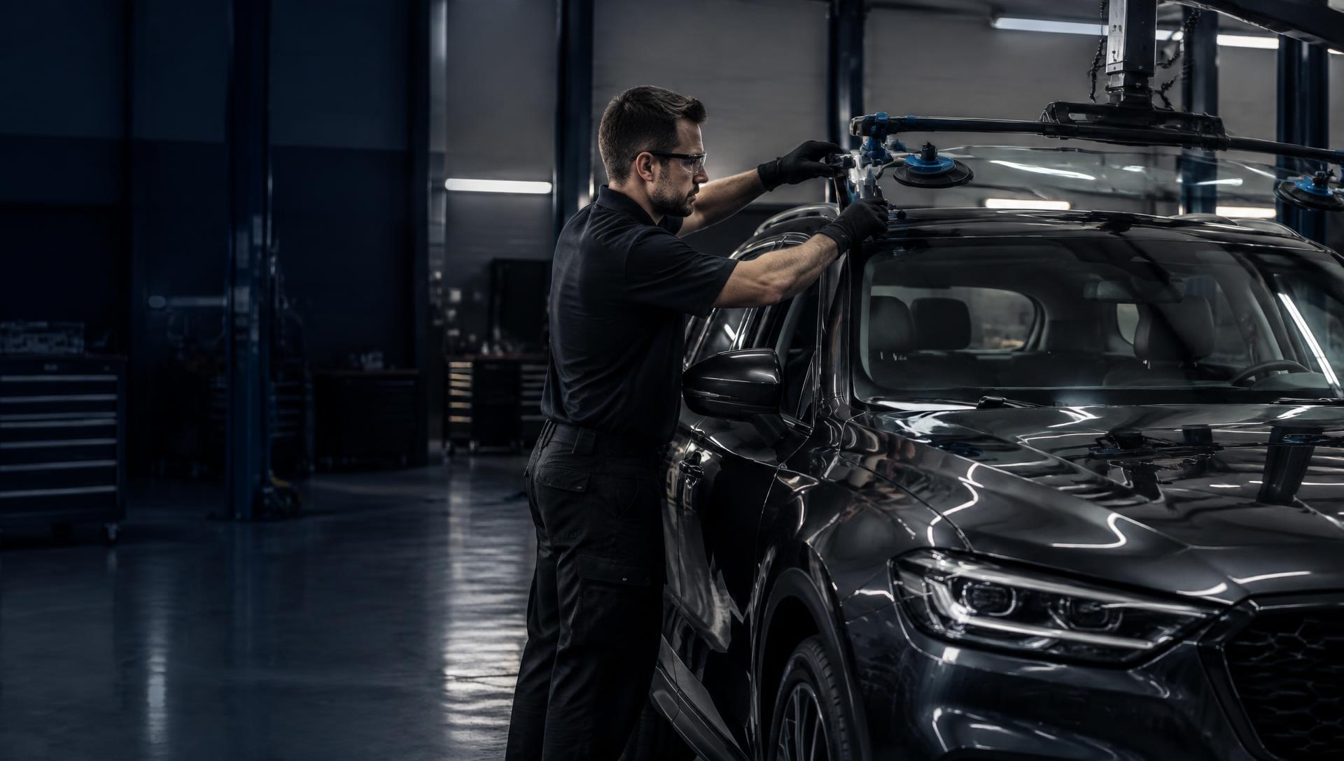 Technician fitting a windscreen to a premium vehicle