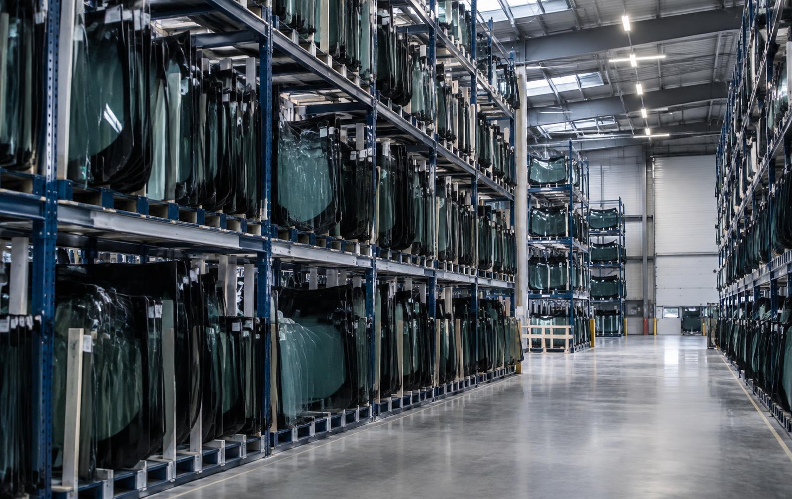 Automotive glass stored vertically in a professional warehouse